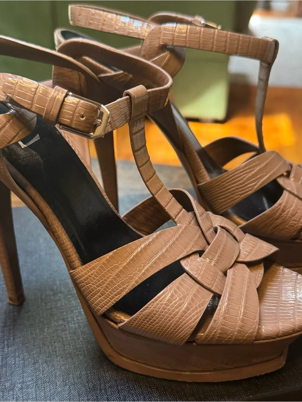 Saint Laurent Tan Croc-Embossed Leather T-Strap Sandals - Picture 12 of 16